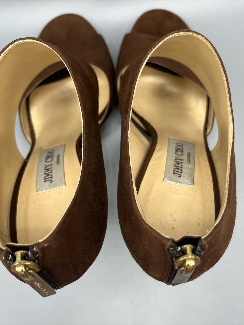 Jimmy Choo London Brown Suede Peep Toe Platform Heels Women EU 39.5 Italy 9.5 US - Picture 3 of 16